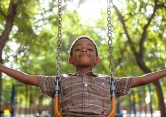 happy boy on a swing in a sunny park, enjoying childhood outdoors.