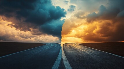 A road that splits in two, one path towards storm clouds and the other towards a golden sunset, decision making. generative ai