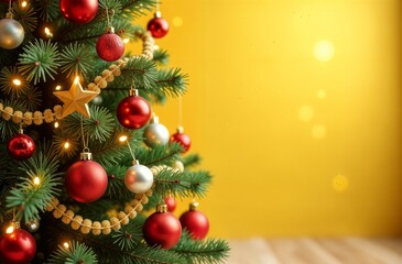 Christmas tree with toys, tinsel and garlands. Large glass red and golden balls. Festive decor of the living room of an apartment or house. Close-up, yellow background, copy space for text