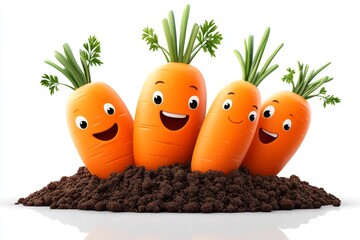 a 2d cartoon illustration of a patch of carrots growing in the soil fresh and vibrant white backgrou