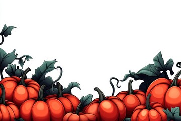 a 2d cartoon illustration of a pumpkin patch with colorful pumpkins autumn vibes white background