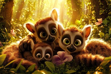 Three animated lemurs in a vibrant forest setting.