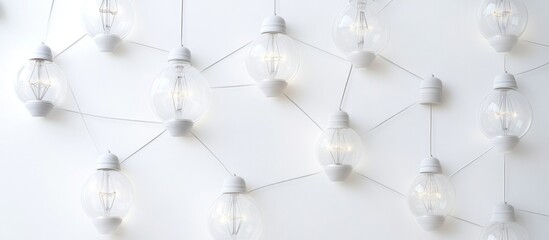 Wall Mural - white light bulbs hanging from a white ceiling in a connected pattern with white wires.