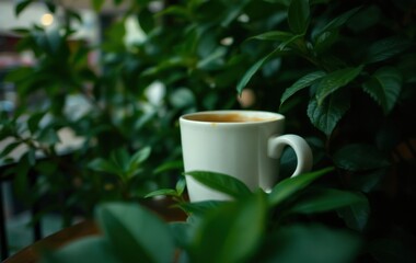 Serene Coffee Moment Amidst Lush Greenery