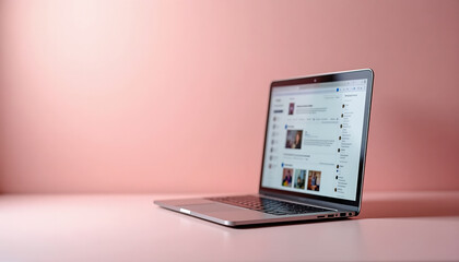 modern silver laptop displaying social media feed on pink background