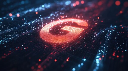 Poster - Dynamic digital representation of the letter g in a vivid particle-inspired background