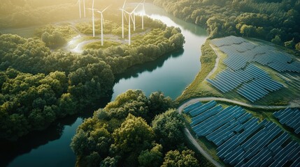 Harnessing renewable energy aerial view of wind turbines and solar panels amidst lush green landscape