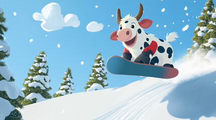 A playful cow snowboarding down a snowy slope on a sunny winter day