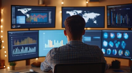 Poster - analyzing data insights a professional's workspace with multiple monitors for enhanced decision maki