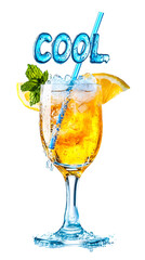 Wall Mural - Cooling fresh cocktail with ice cubes, and lemon, straw, isolated, on transparent background 