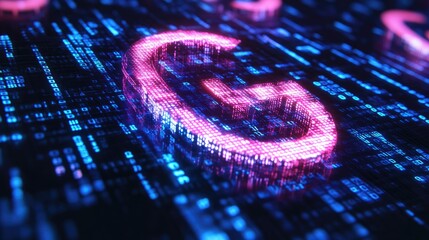 Poster - Exploring the digital landscape a deep dive into the g symbol represented in vibrant neon colors within a binary code environment
