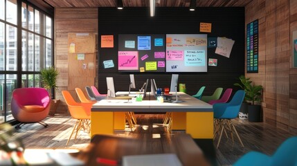 Poster - Modern creative office space designed for collaboration and innovation with colorful furniture and dynamic wall art