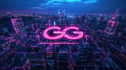 Poster - Neon cityscape with vibrant gg logo illuminating the night sky in a futuristic urban landscape