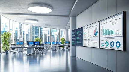 Modern office workspace with data visualization and technology integration