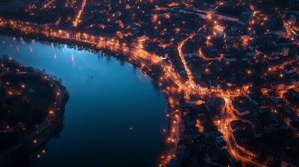 Wall Mural - drone view of city lights reflected on rivers hypermaximalist advertising photography hyper realisti