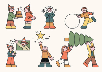 Wall Mural - cute characters enjoying christmas. outline simple vector illustration.