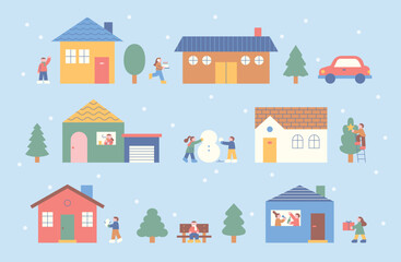 Wall Mural - a snowy village scene. neighbors are having a party and making snowmen and christmas trees. outline 
