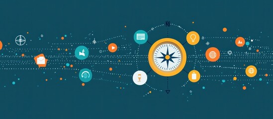 Canvas Print - abstract illustration of a compass surrounded by icons representing various business concepts.