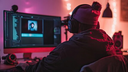 Poster - Person wearing headphones and a beanie editing video on a computer.
