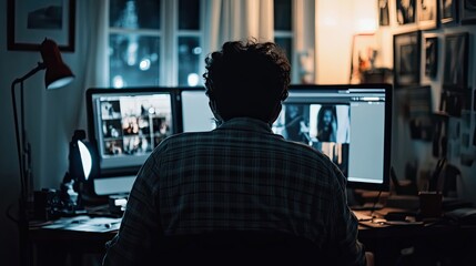 Poster - Person Working on a Computer with Two Monitors in a Dark Room