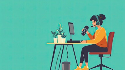 Poster - A woman in headphones sits at a desk with a microphone and computer