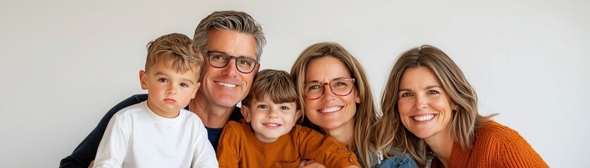 A cheerful family portrait showcasing two adults and three children against a simple background, radiating warmth and joy.