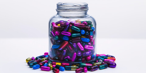 Poster - Colorful medical pills spilling from a glass jar on white background