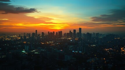 Canvas Print - City skyline at sunset with orange sky.