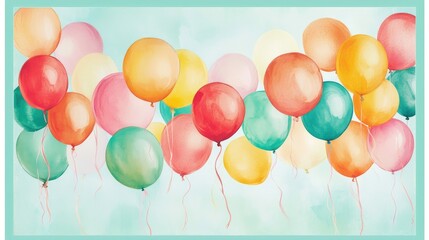 Sticker - A colorful array of pastel balloons forms a joyful banner with a mint border frame, creating a whimsical atmosphere for any festive occasion.