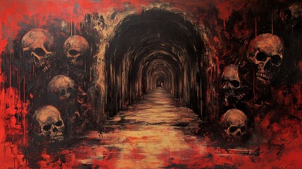 Dark Tunnel of Skulls - A Surreal and Haunting Painting