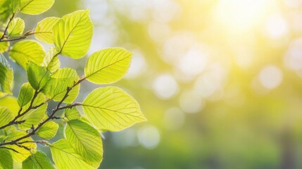 Wall Mural - Sunlight filters through fresh green leaves, casting a warm glow and enhancing the tranquility of the surrounding nature