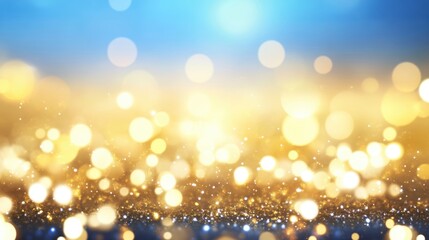 Wall Mural - This background features sparkling golden and blue bokeh lights softly blending together, creating a magical ambiance for events or design