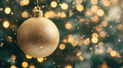 Wall Mural - A sparkling golden Christmas bauble dangles beautifully, illuminated by warm bokeh lights in a festive atmosphere