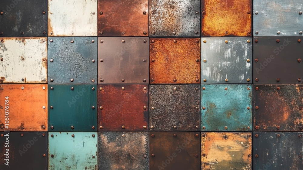 Rows of riveted metal panels display an array of aged textures and ...