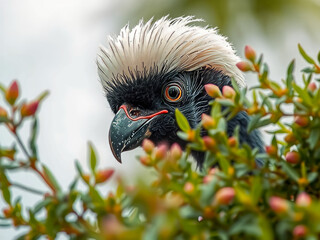 Wall Mural - A bird with a black head and white feathers is peeking out from behind some leaves. The bird's head is covered in white feathers, and its eyes are black