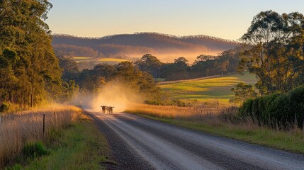 Two cows walk down a dusty road in the countryside at sunset with a beautiful view of rolling hills and a misty valley.