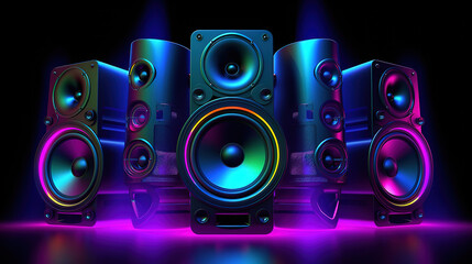 Beautiful Group of sound speakers in neon light on black