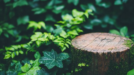 Wall Mural - A weathered wooden stump sits amidst dense, vibrant green vegetation in a tropical jungle, illuminated by natural light