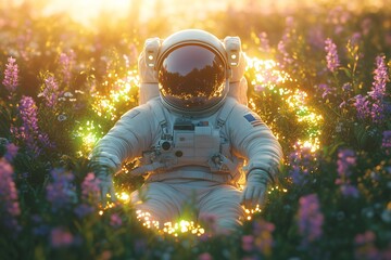 The astronaut is in the garden