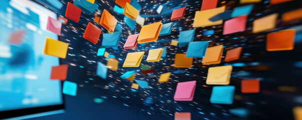 Poster - A colorful image of many postcards flying through the air. The postcards are of various colors and sizes, and they appear to be scattered all over the image. Concept of chaos and disorganization
