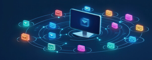 Poster - a computer monitor displays a colorful array of emails, with each email represented by a different c
