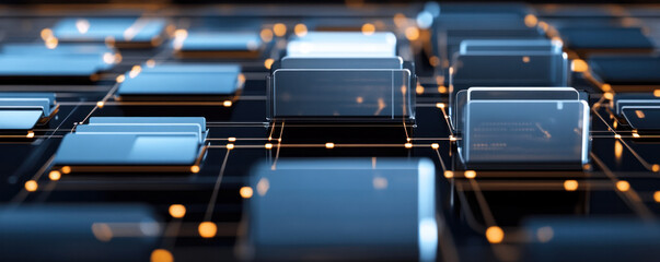 Poster - A computer chip is shown in a close up. The chip is made of clear glass and is surrounded by a blue background. The chip is made up of many small squares, each of which is a different color
