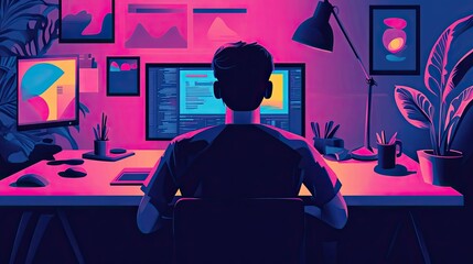 Poster - A Person Sitting at a Desk with Two Monitors and a Desk Lamp