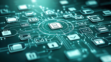 Poster - a computer network with many icons and a central icon. the icons are all connected to each other, fo