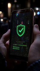 Poster - A person is holding a phone with a green shield on it. The shield is glowing and he is a security feature