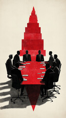 Poster - A group of men are sitting at a table with a red tower in the background. The men are all dressed in suits and ties. Concept of power and authority