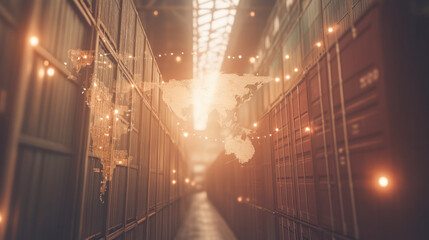 Poster - A computer generated image of a warehouse with a globe in the middle. The globe is surrounded by a network of wires and lights. Scene is futuristic and industrial