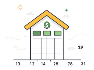 Poster - A house with a green roof and a green dollar sign on it. The house is on a grid with numbers 13, 14, 15, 16, 17, 18, 19, 20, 21, 22, 23, 24, 25, 26
