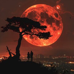 Wall Mural - a couple silhouetted against a blood moon. ai.