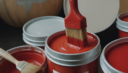 bucket of red paint with a brush